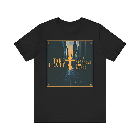 Take Heart, For I Have Overcome the World (John 16:33) | Redemptive Modern City Street Scene Design | Lightweight Cotton Unisex Tee