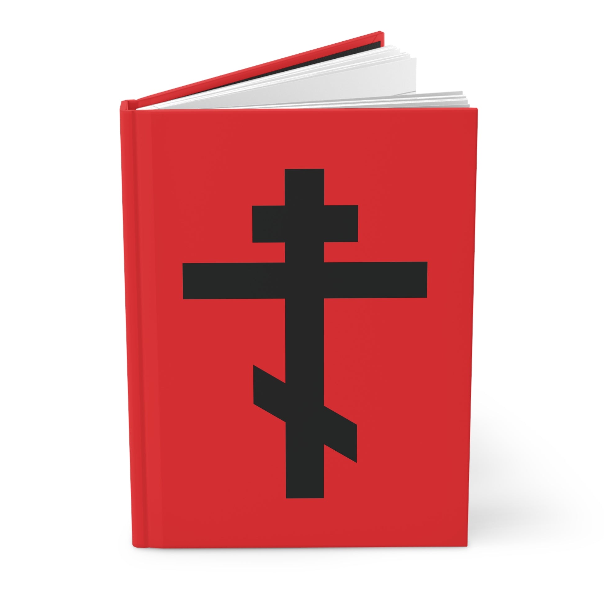 A hardcover journal featuring a black Orthodox cross on a red background with the quote "May I never boast, except in the cross of our Lord Jesus Christ" (Gal 6:14)—ideal for fans of Orthodox tradition or those inspired by St John Chrysostom's teachings.