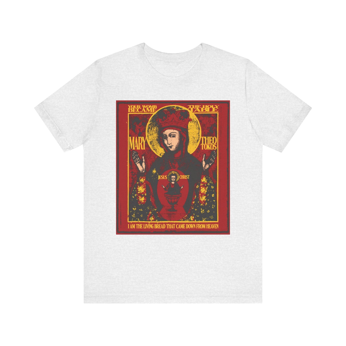 Ash-colored unisex cotton tee featuring an ancient Nicaea-style iconographic graphic of the Mother of God, haloed, with Christ in the chalice and finished with gold text reading "Most Holy Theotokos Save Us.