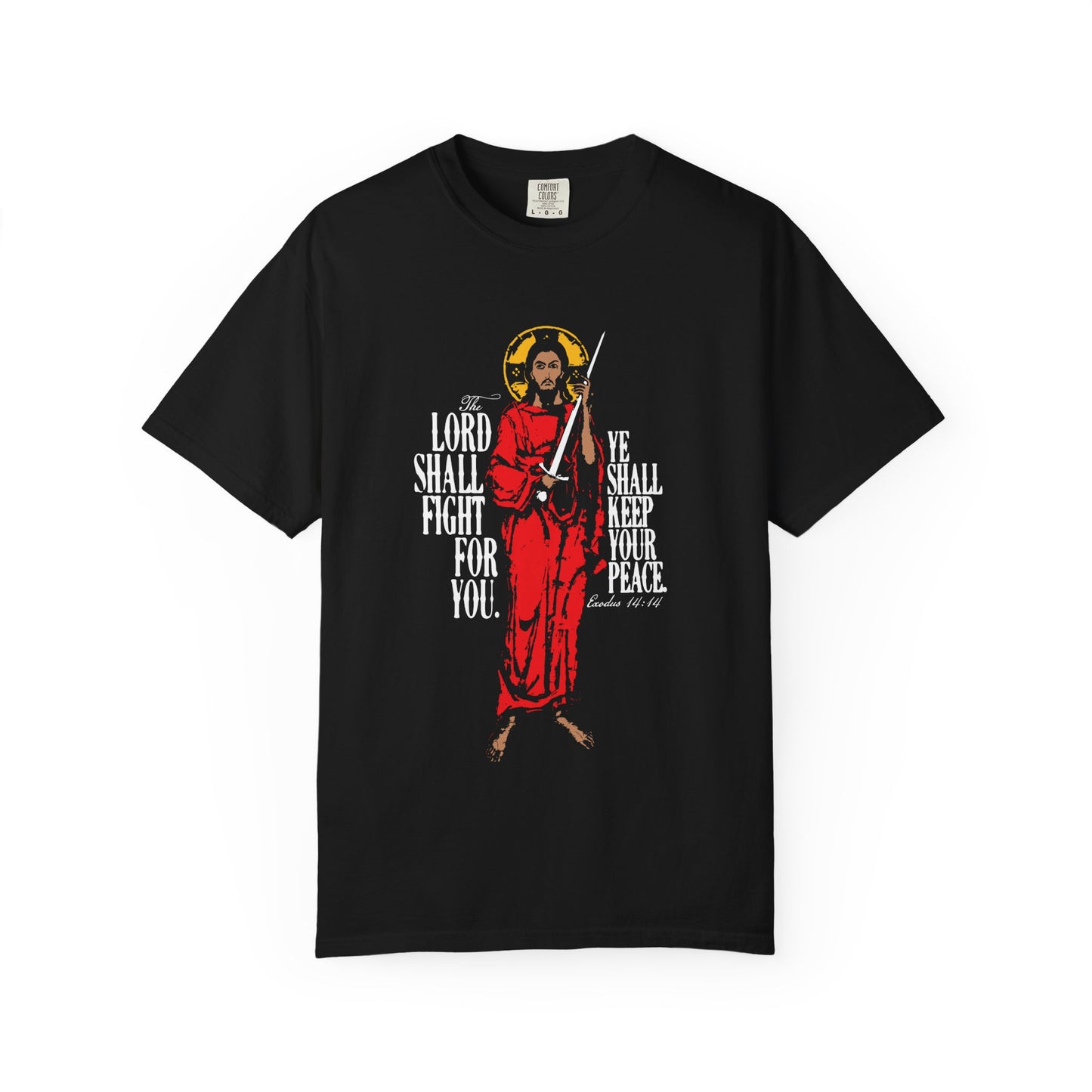 The Lord Shall Fight For You (Exodus 14:14) Orthodox Unisex Tee in black features Jesus Christ with a sword, inspired by the Red Sea crossing, on heavyweight cotton.