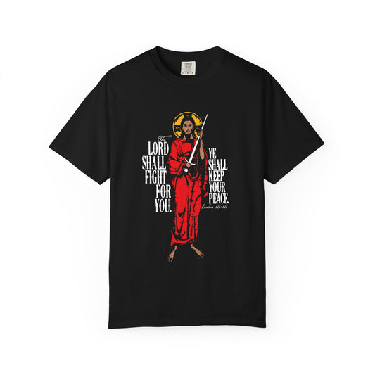 The Lord Shall Fight For You (Exodus 14:14) Orthodox Unisex Tee in black features Jesus Christ with a sword, inspired by the Red Sea crossing, on heavyweight cotton.