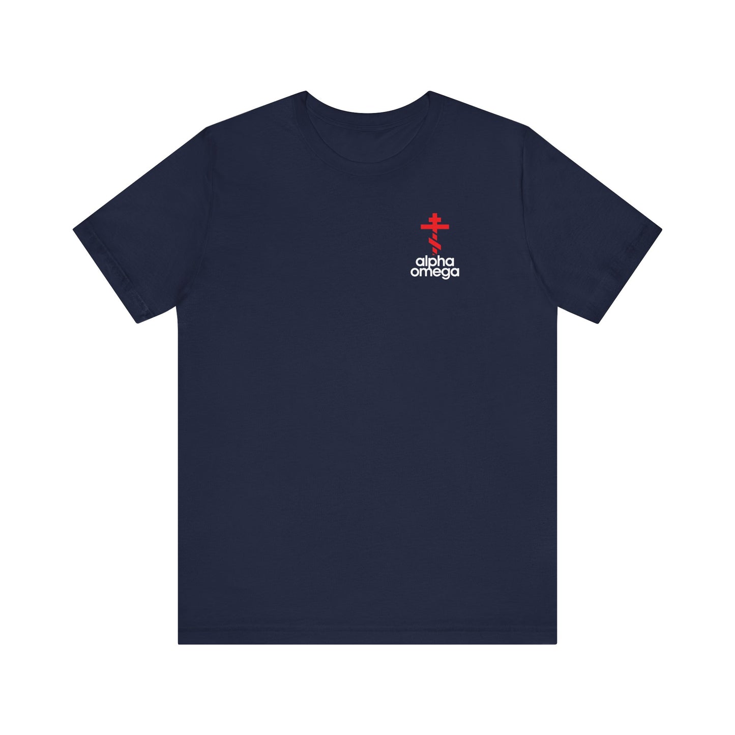 Show your faith in style with this navy Alpha & Omega Red Orthodox Cross tee, featuring a minimalist Adidas-inspired logo mashup and small white "alpha omega" text. Lightweight cotton, unisex fit.