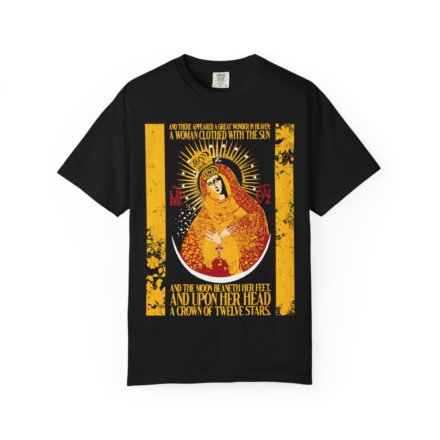 Black heavyweight cotton unisex t-shirt featuring a gold floral Theotokos crowned, radiant sun rays, and Revelation 12:1 in yellow and white; "Our Lady the Gate of Dawn | Woman of the Apocalypse" design.