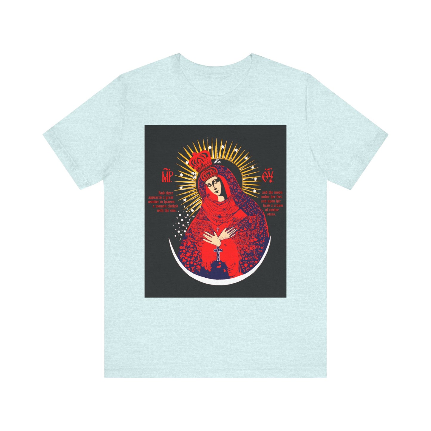 Heather Prism Ice Blue t-shirt with an icono-graphic of Our Lady the Gate of Dawn crowned, featuring colorful rays and red text—unique Orthodox nod in a lightweight cotton unisex style.