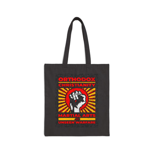 Orthodox Christianity: Martial Arts for Unseen Warfare | NIKA Jesus Fist on Colorful Sunburst Design | Orthodox Christian Tote Bag