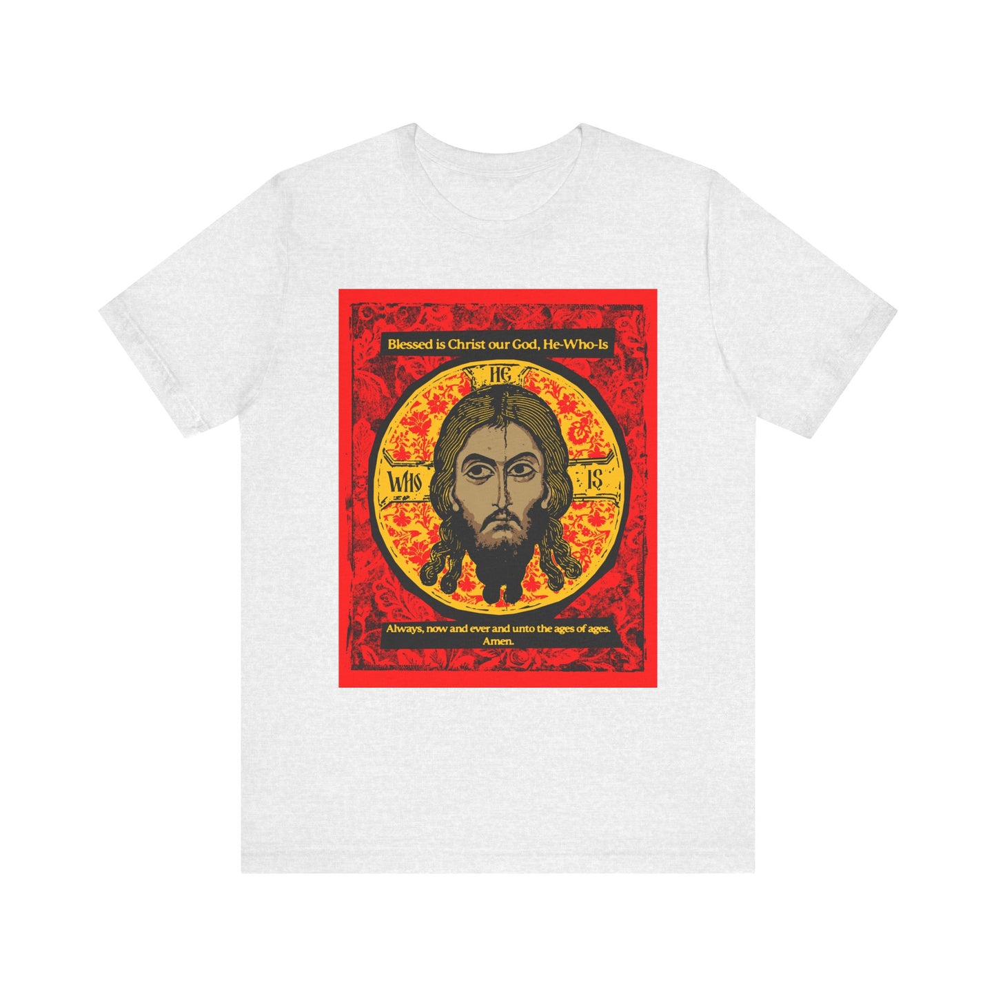 Ash-colored unisex tee featuring the Mandylion (Image of Edessa) icon graphic—Jesus Christ’s face in a red and gold circle with Orthodox hymn-inspired text. Lightweight cotton.