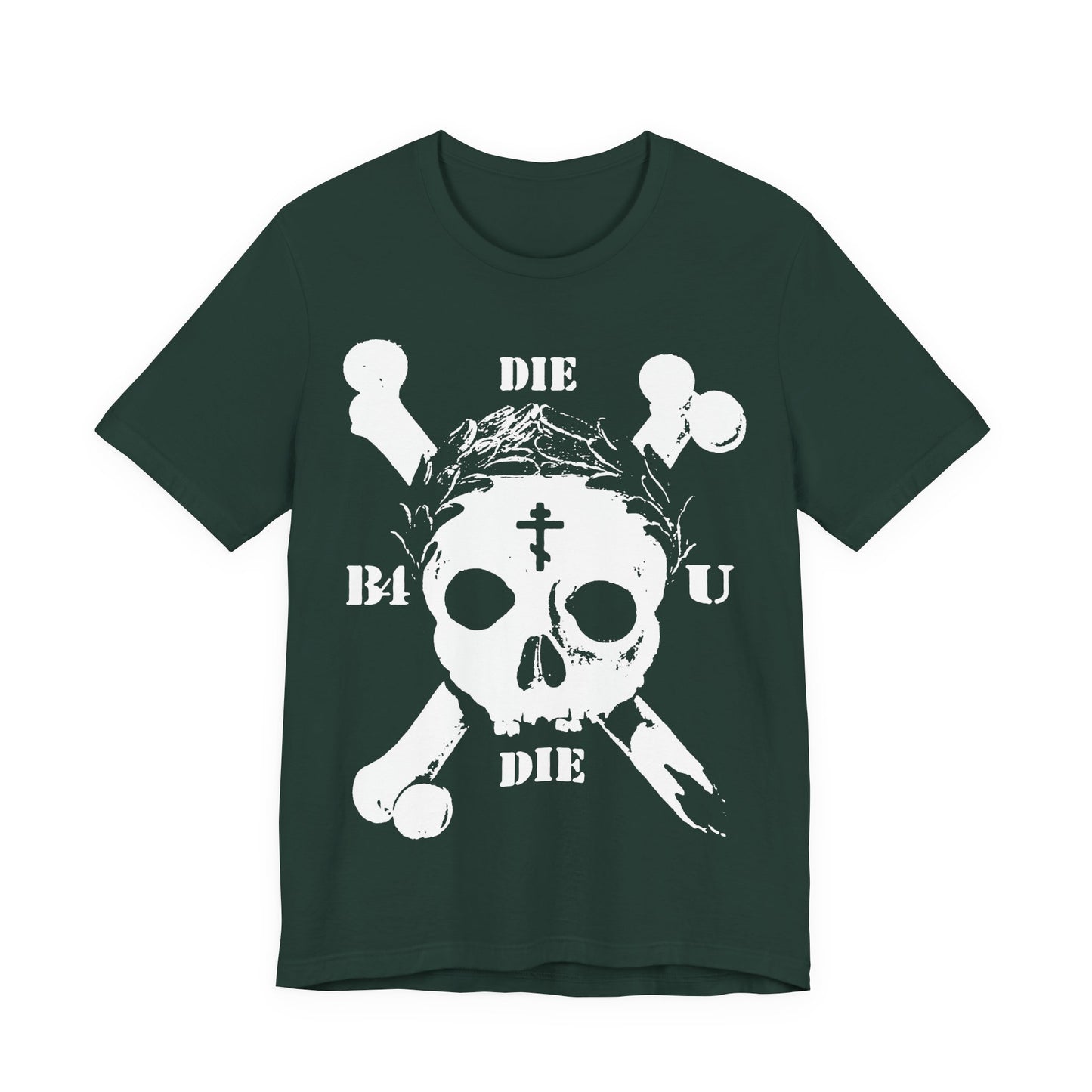 Forest green Die Before You Die t-shirt features a retro skull & crossbones, Orthodox cross, laurel victory wreath, and “Memento Mori”—an ascetic Christian tee inspired by Matthew 16:24-25: deny yourself and take up your cross.