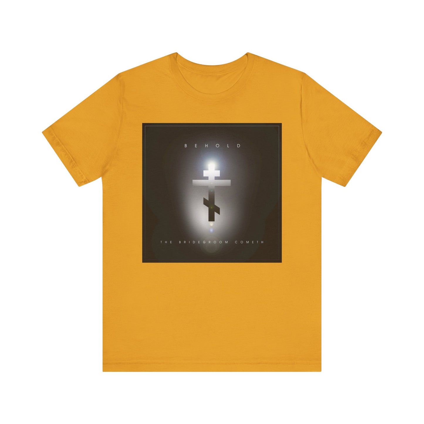 Mustard "Behold the Bridegroom Minimalist Cinematic Lens Flare Design" Orthodox Christian unisex cotton t-shirt, featuring a glowing cross and text inspired by St. Augustine’s teachings on the day of judgment.