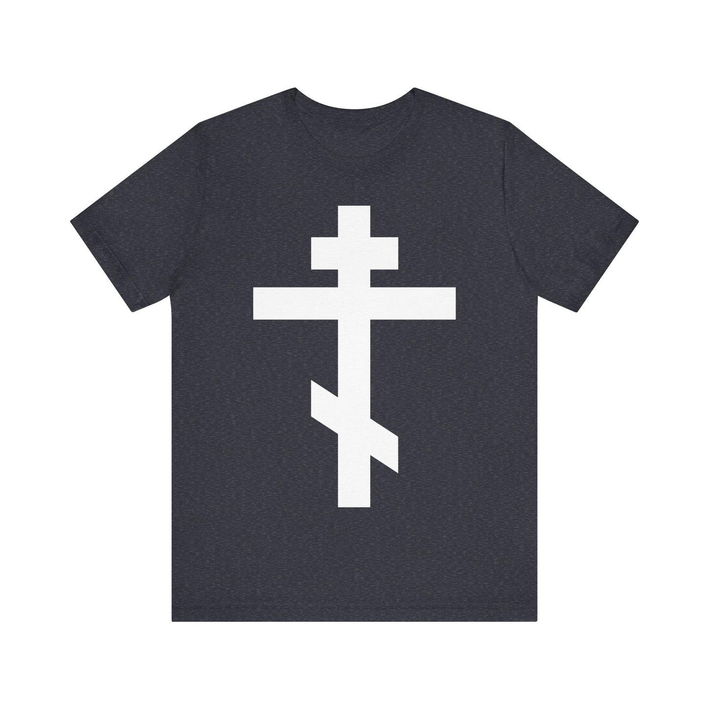 Heather Navy unisex tee featuring a large white Orthodox Cross and Galatians 6:14: "May I never boast, except in the cross of our Lord Jesus Christ"—a bold Christian statement.