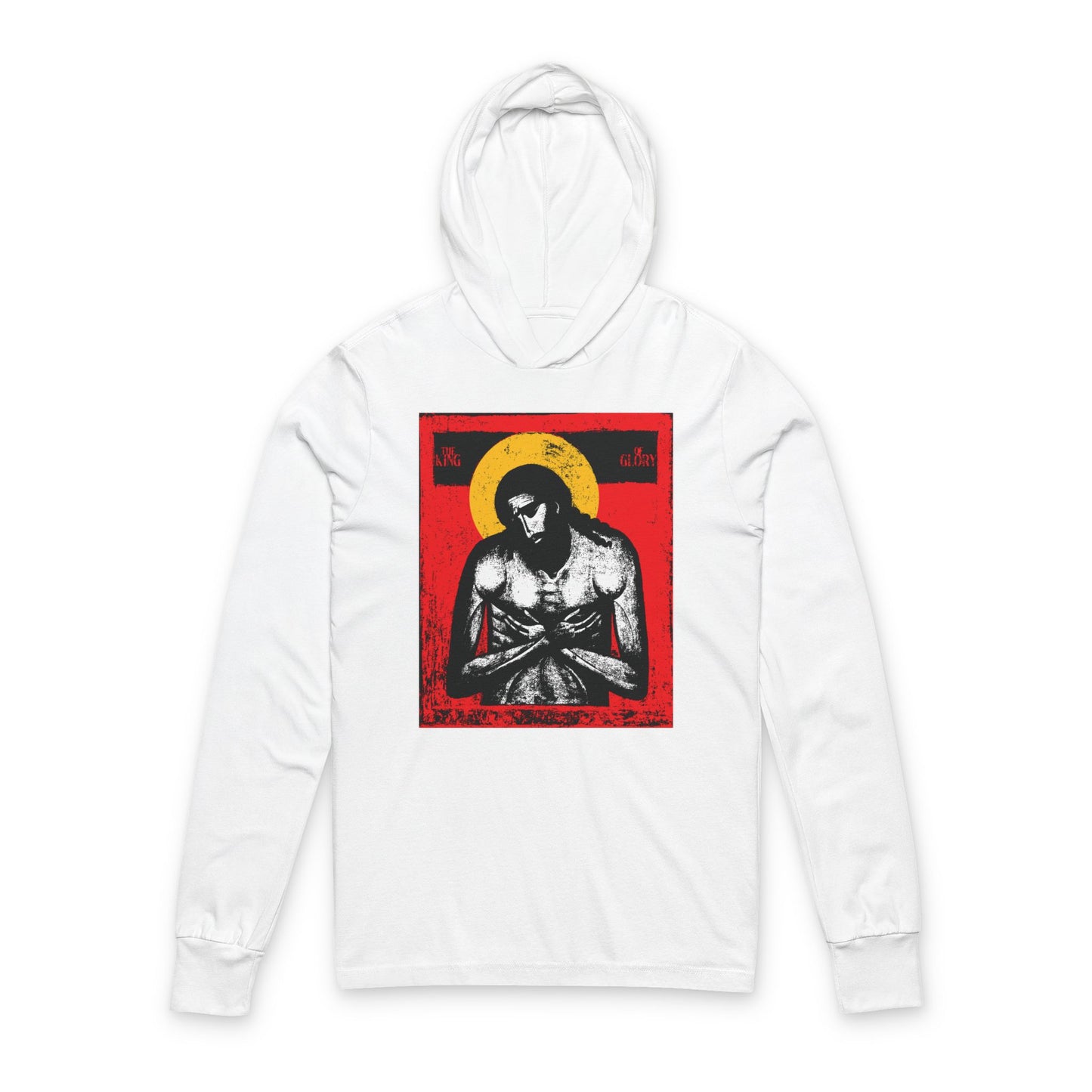 White hooded shirt—The King of Glory Jesus Christ "Extreme Humility"—features a Christian devotional iconographic graphic in red, yellow, and black on the front.