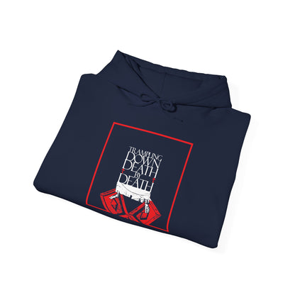 Dark blue Trampling Down Death By Death hoodie featuring feet trampling the gates of Hades.