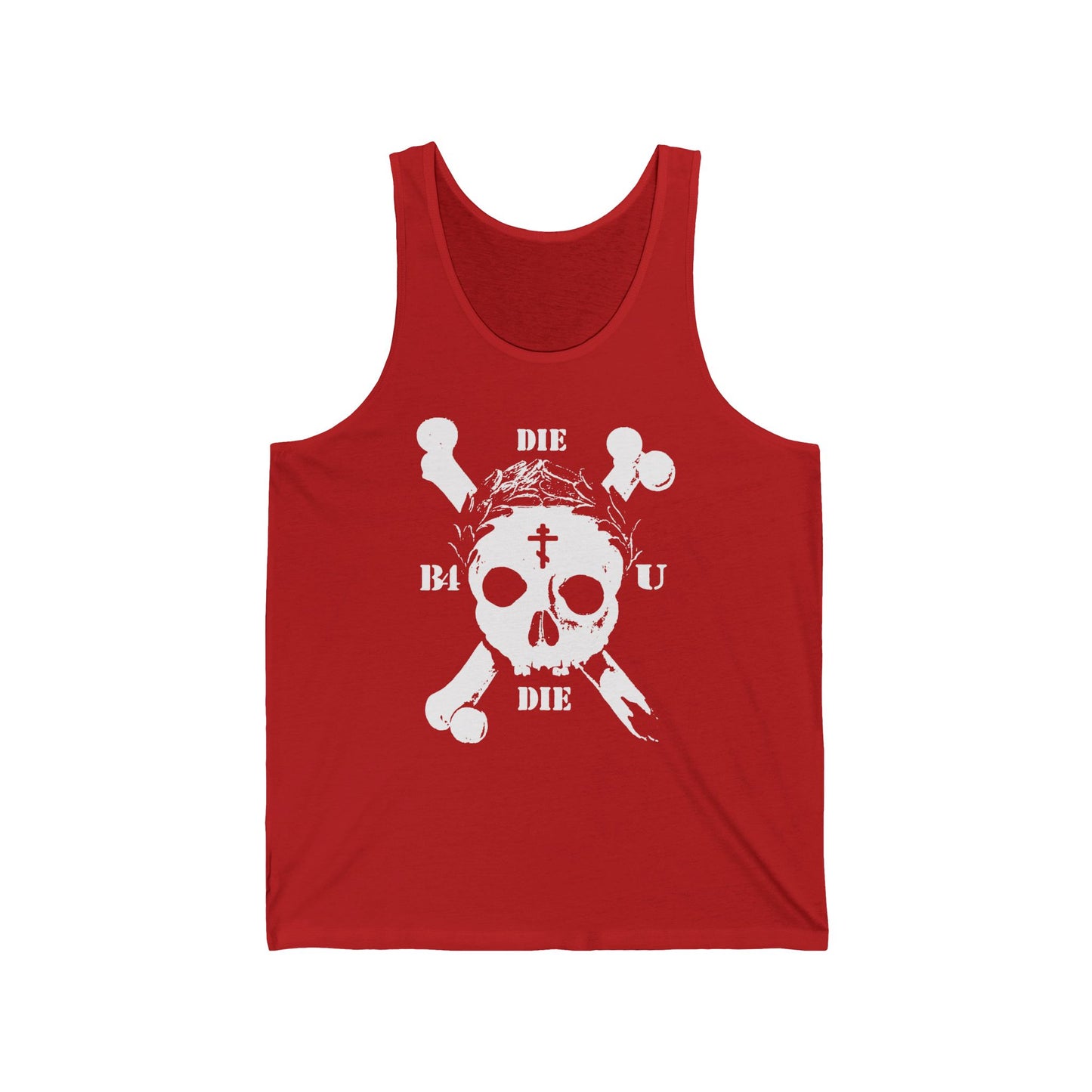 Red Die Before You Die tank top featuring a retro skull & crossbones, Orthodox cross, laurel wreath, and Memento Mori design—an ascetic Christian tribute inspired by Matthew 16:24-25.