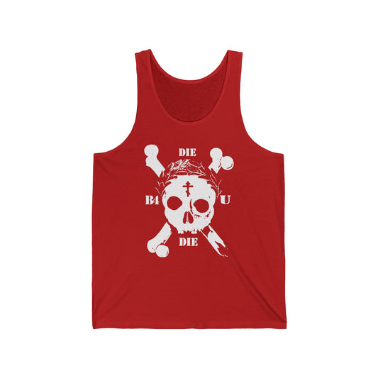 Red Die Before You Die tank top featuring a retro skull & crossbones, Orthodox cross, laurel wreath, and Memento Mori design—an ascetic Christian tribute inspired by Matthew 16:24-25.