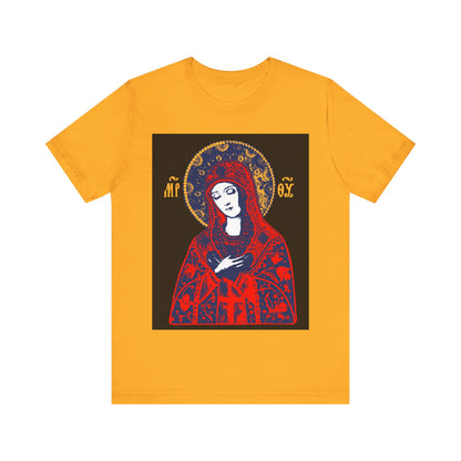 Gold "Joy of All Joys Tenderness Theotokos" t-shirt features a bright red iconographic Orthodox design inspired by the Tenderness Icon, showcasing the Theotokos in traditional attire with halo on front.