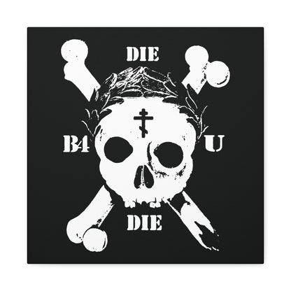 The "Die Before You Die" retro skull & crossbones wall art features an Orthodox Cross and laurel victory wreath on black, inspired by Matthew 16:24-25—an ascetic Christian memento mori to remind us to deny ourselves and truly live.