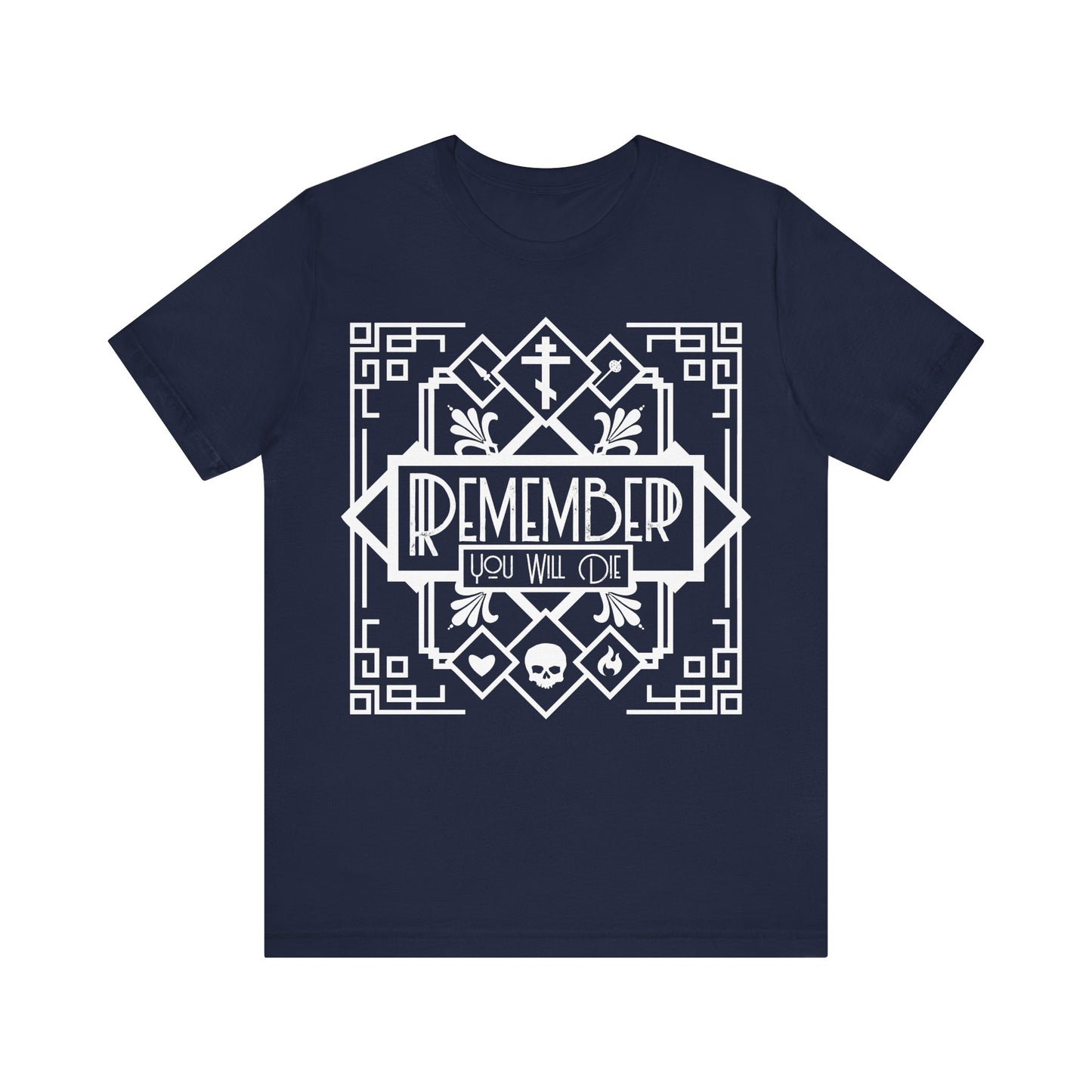 Navy unisex cotton tee featuring an art deco black and white line design—skull, heart, and fire motif—with “Remember You Will Die” text; a Memento Mori for Orthodox Christians.