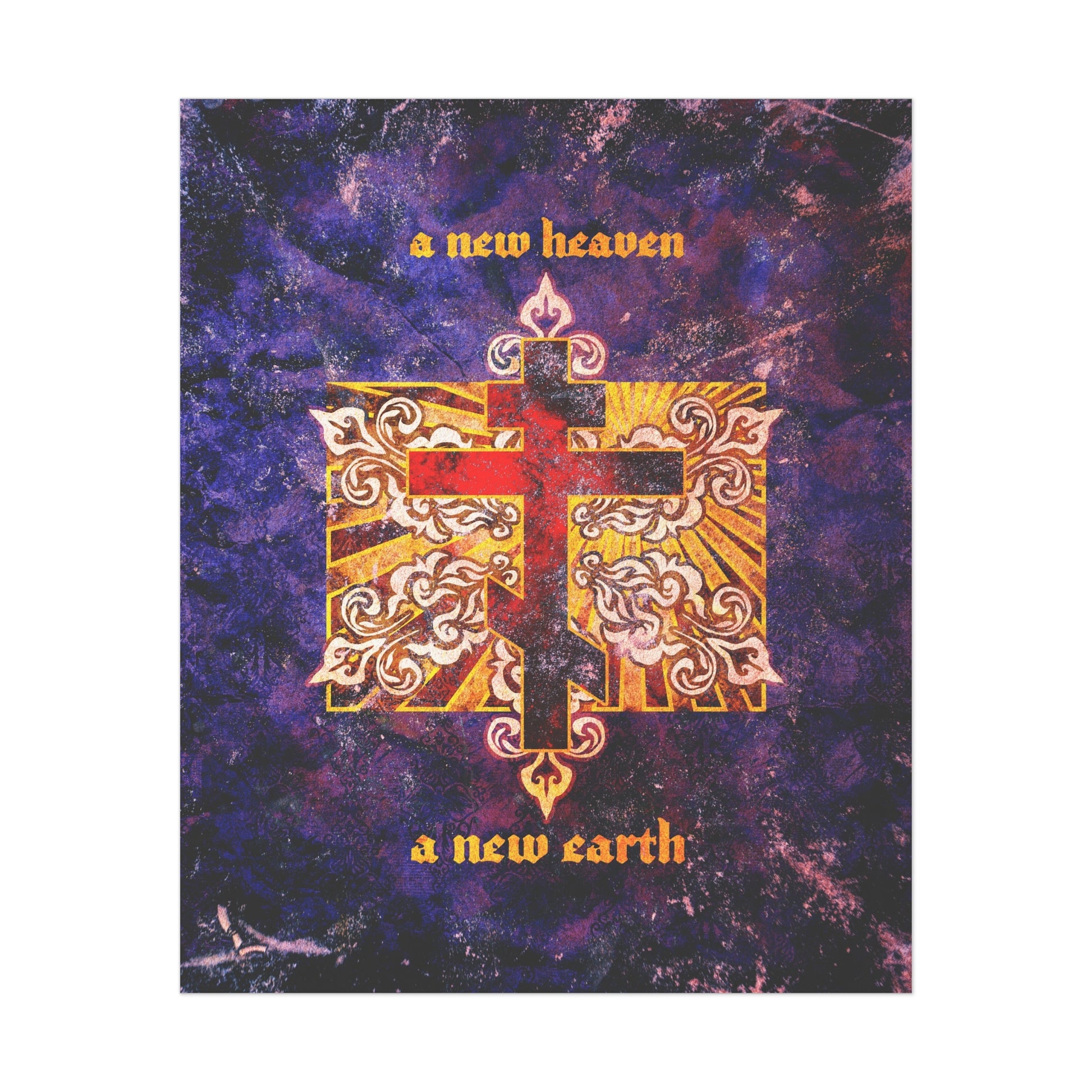 An art poster titled "A New Heaven/A New Earth" displays a red Orthodox cross on a textured ornate background, inspired by apocalyptic KJV Bible verses and Orthodox Christian tradition.