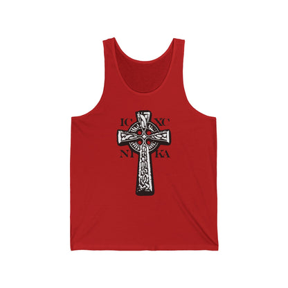 Red ICXC NIKA Celtic Knotwork Cross tank top featuring a black and white traditional Orthodox Christian cross with Greek letters, symbolizing "Jesus Christ Conquers," on a red background.