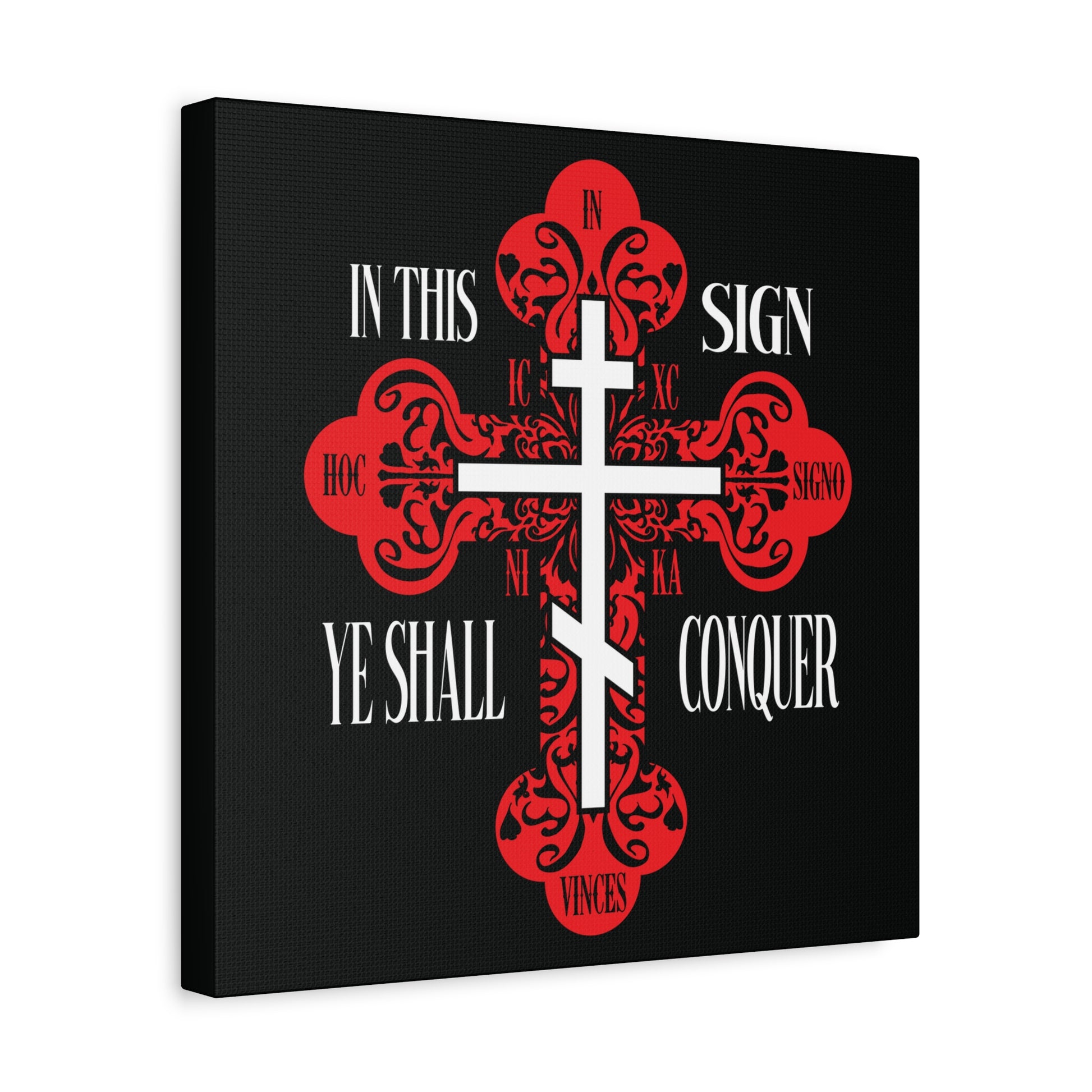 A red ornate Orthodox cross with "In This Sign Ye Shall Conquer" (ICXC NIKA) symbolizing victory in Christ, set on a black background—Christian wall art inspired by "In Hoc Signo Vinces.