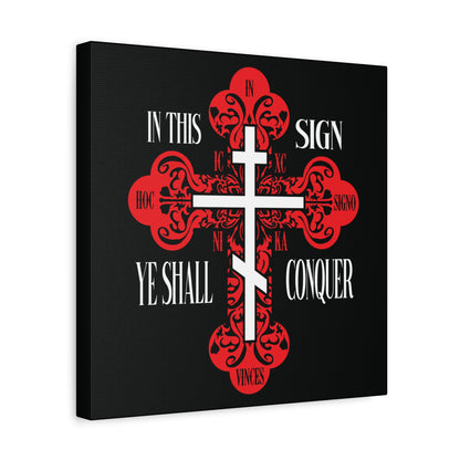 A red ornate Orthodox cross with "In This Sign Ye Shall Conquer" (ICXC NIKA) symbolizing victory in Christ, set on a black background—Christian wall art inspired by "In Hoc Signo Vinces.