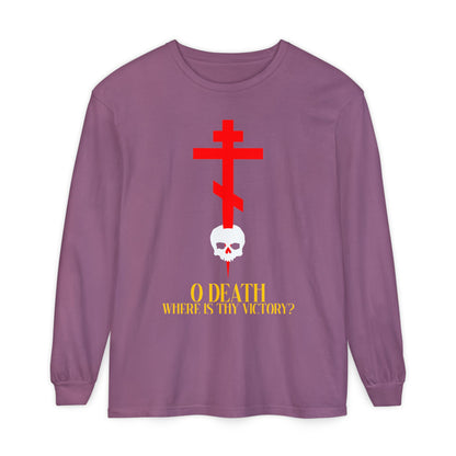 O Death Where is Thy Victory? (1 Corinthians 15:55) | Cross Stabbing Skull | Yellow Text | Orthodox Christian Long Sleeve Shirt