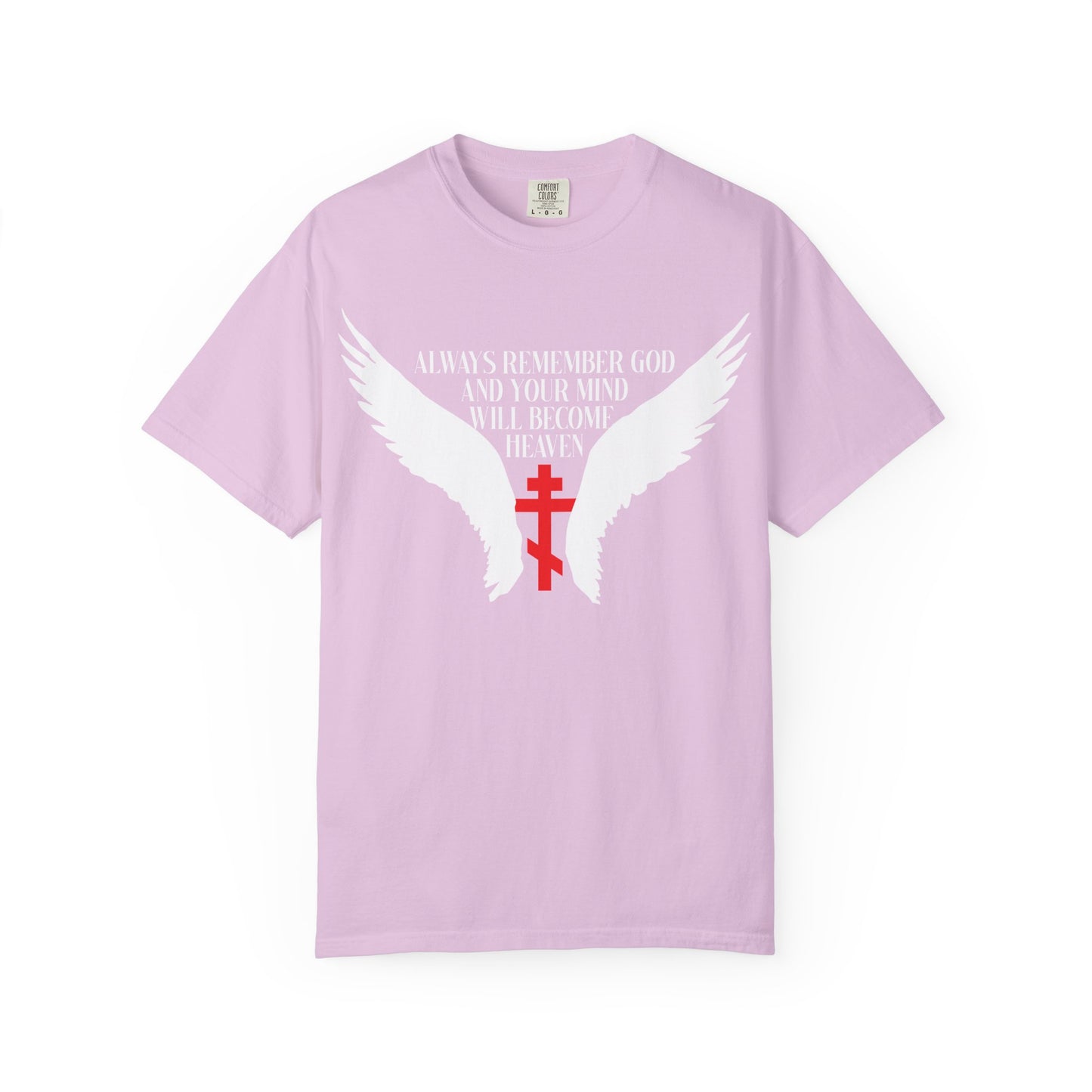 Orchid-colored “Always Remember God and Your Mind Will Become Heaven” heavyweight cotton unisex tee featuring an Orthodox cross, angel wings, and an inspirational message inspired by St Neilos the Ascetic’s teachings.