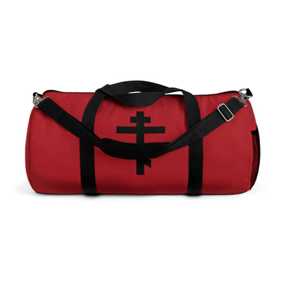Black Orthodox Cross on Red Background | By His wounds you have been healed | Orthodox Christian Gym Duffel Bag