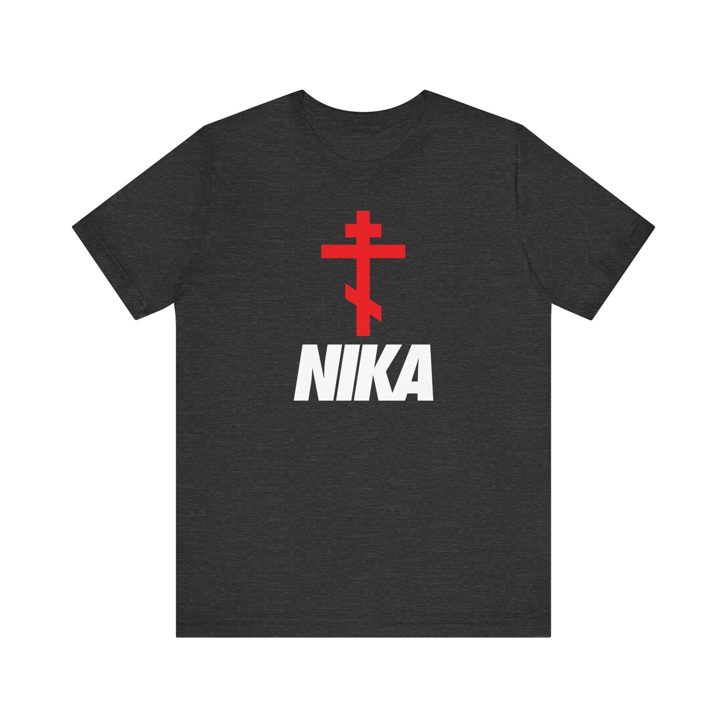 Dark Grey Heather unisex tee with a red Orthodox cross (Christogram for "Jesus Christ Conquers") above bold white NIKA text, inspired by the NIKE logo. Minimalist Christian athletic design in lightweight cotton.