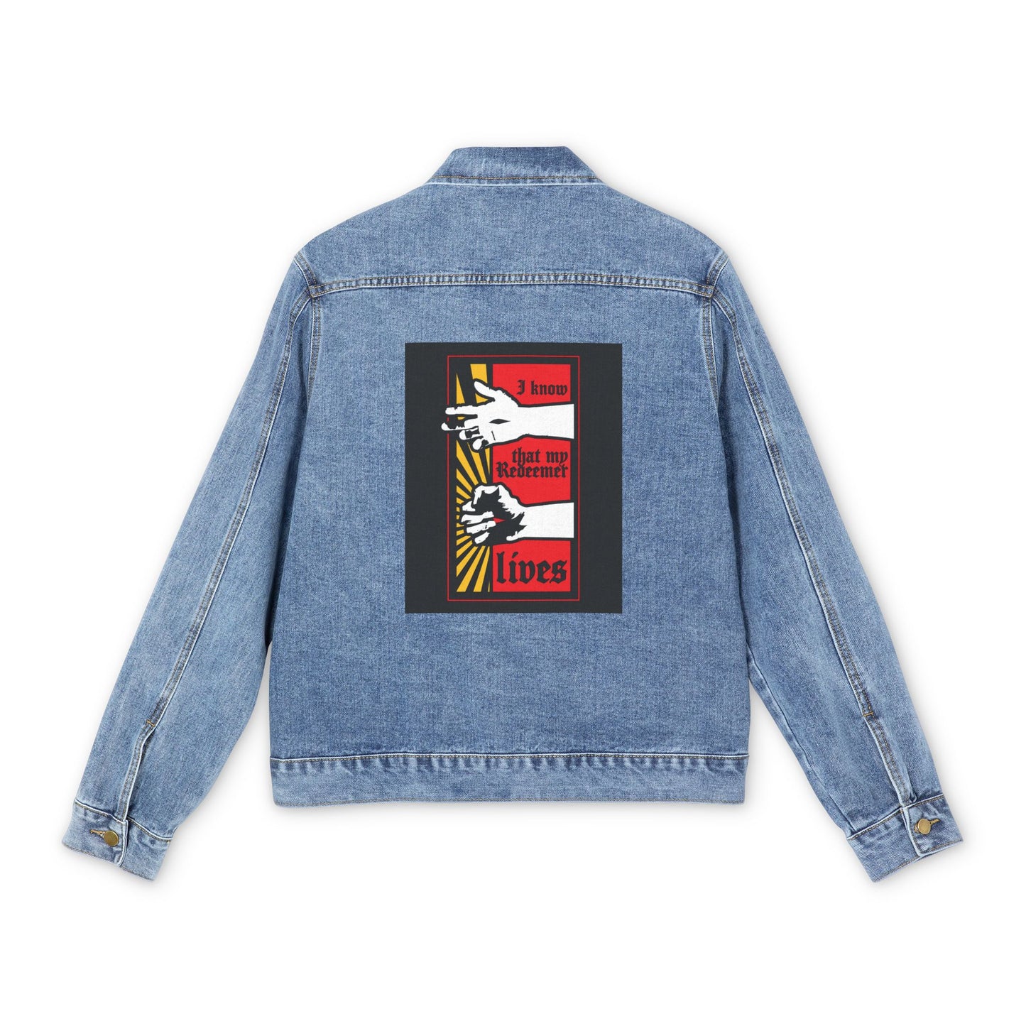 Medium denim wash jean jacket featuring a comic book style design of resurrected Jesus's fist with divine power and the text "I Know That My Redeemer Lives" (Job 19:25) on the back. Orthodox Christian inspired.