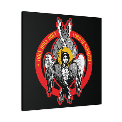 Inspired by Isaiah 6, the "Holy Holy Holy, Lord of Sabaoth" Orthodox Seraphim Angel IconoGraphic features a six-winged seraphim with a halo, encircled by a red ring inscribed “Holy Holy Holy Lord of hosts.”.