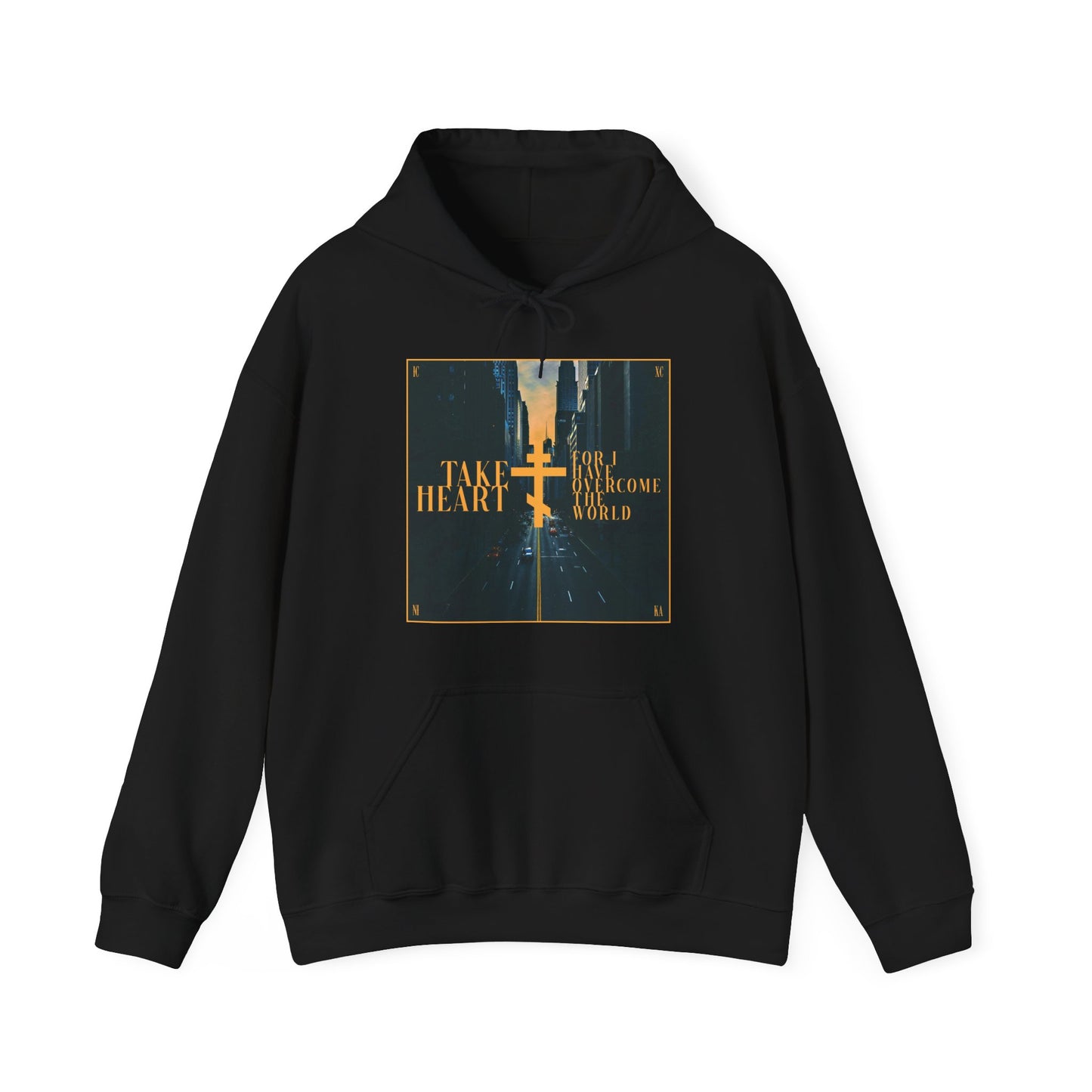 Black hoodie with a modern city street scene design and the text “Take Heart, For I Have Overcome the World (John 16:33)”—a reminder of Christ’s victory. Orthodox Christian apparel in black.