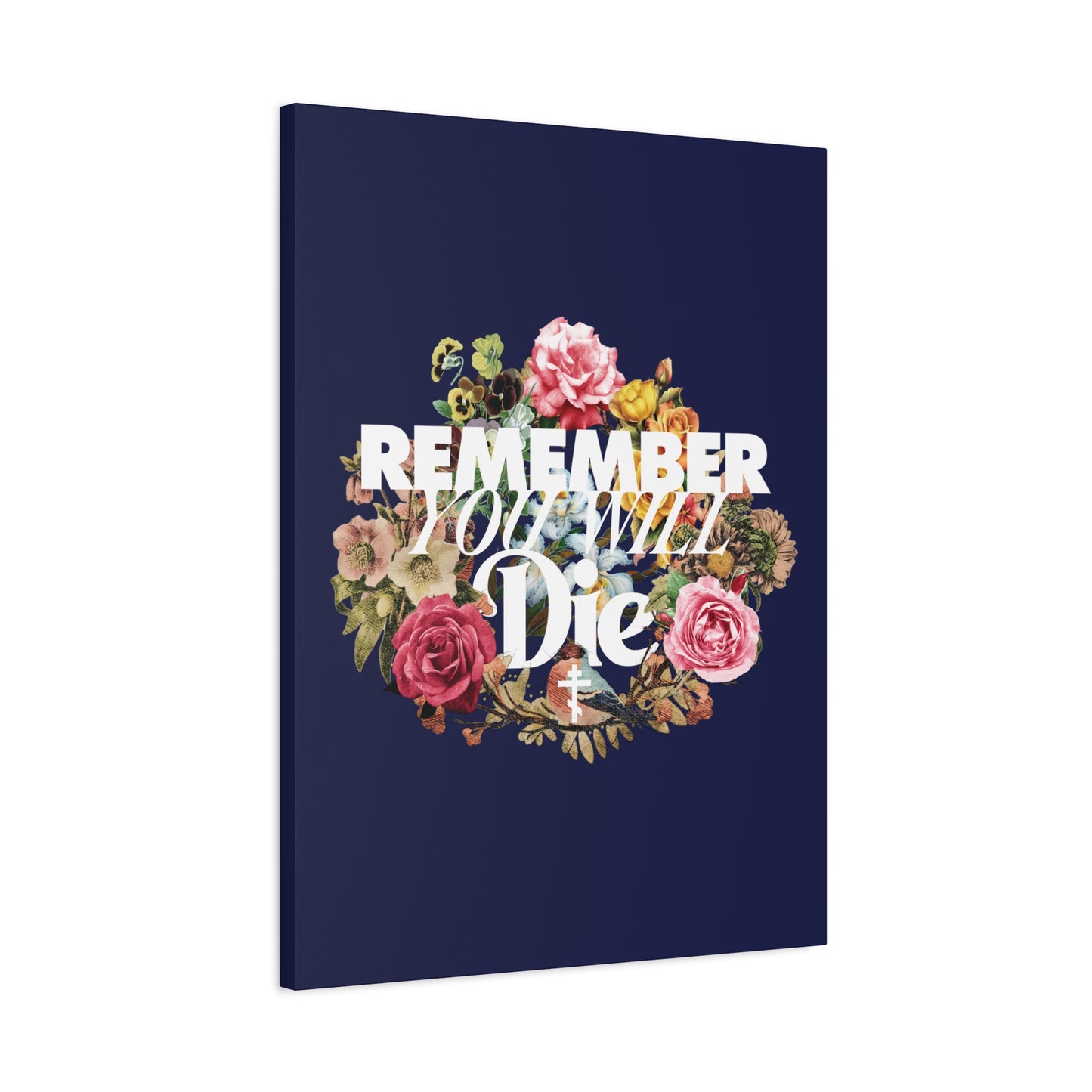Navy blue canvas wall art, “Remember You Will Die,” features classic typography, a cross, and a floral wreath—Orthodox Christian memento mori inspired by St. Ignatius Brianchaninov’s teachings on salvation.