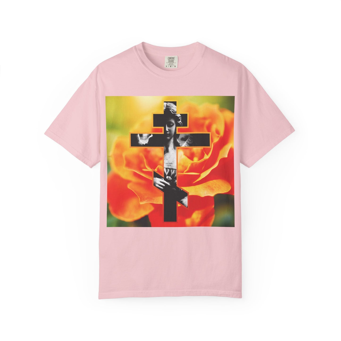 Blossom-colored heavyweight cotton unisex tee featuring a cemetery statue angel cross set over an orange rose, with a black-and-white photo of a woman inside the cross. Titled “Cemetery Statue Angel Cross on Orange Rose | Remember You Will Die | Memento Mori,” this Orthodox Christian design draws inspiration from St. Paul and Galatians 6:14, artfully blending faith, remembrance, and striking visual elements.