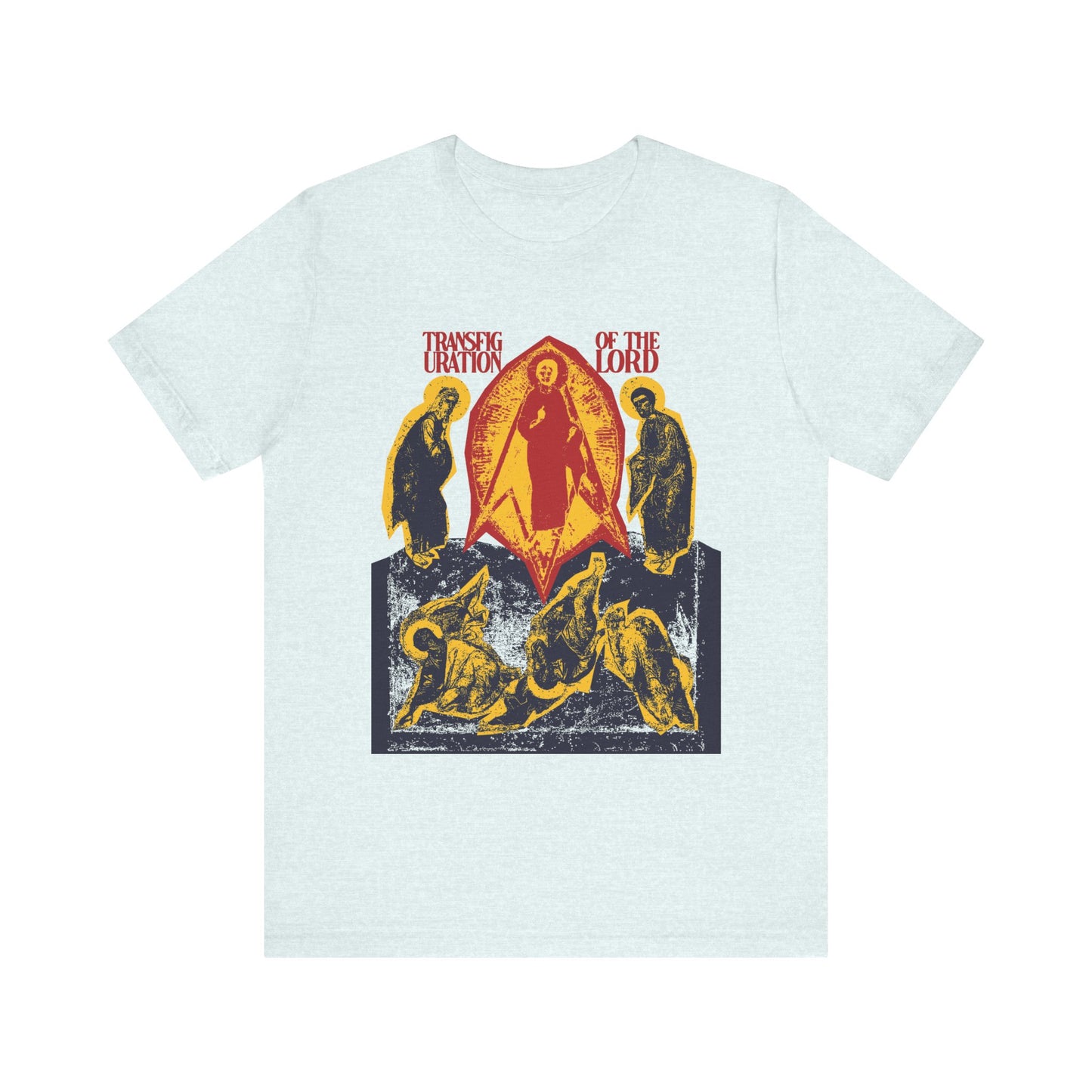 Heather Ice Blue unisex tee featuring stylized Transfiguration of Christ artwork in a punk zine cut-out aesthetic, inspired by Orthodox Christian iconography and the Troparion of Transfiguration. Lightweight cotton for comfort.