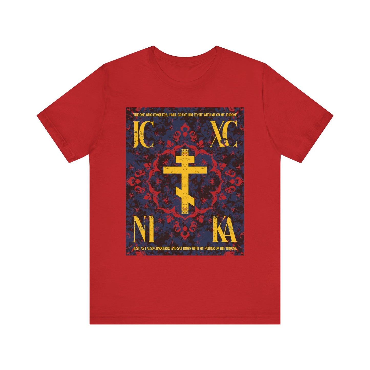 Red "IC XC NIKA Orthodox Cross | Medieval Floral Design" unisex t-shirt in lightweight cotton features a yellow cross on the front with blue and red decorative patterns; inspired by Revelation 3:21, symbolizing the One Who Conquers.