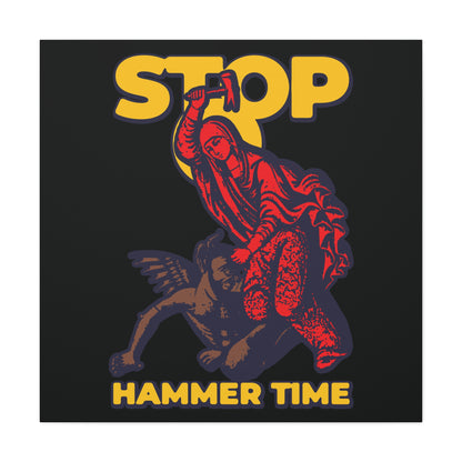 A modern Orthodox meme art print shows St Marina of Antioch beating the devil with a hammer, with bold yellow “STOP HAMMER TIME” text—vivid red, blue, and yellow Christian wall art.