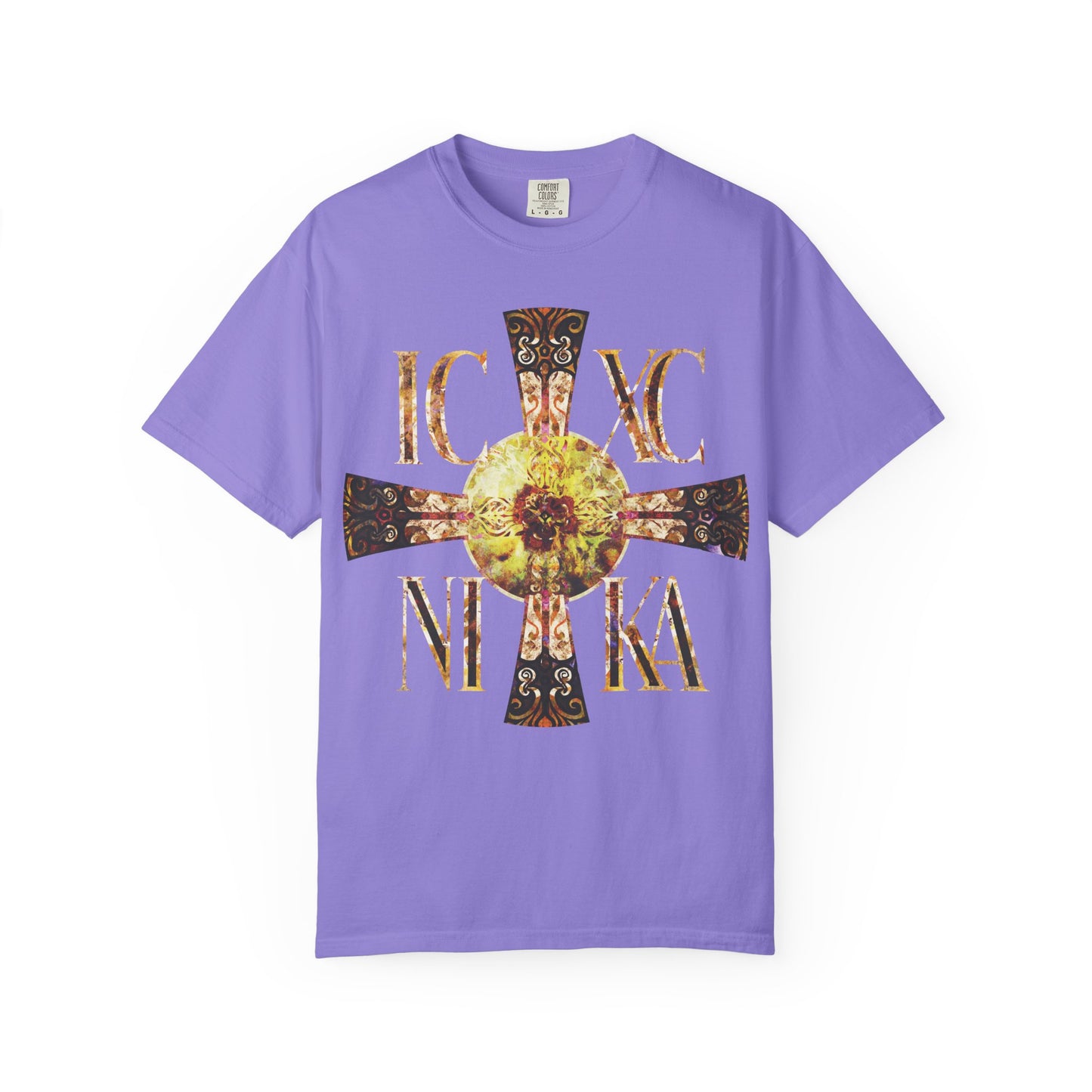 Violet ICXC NIKA Celtic Style Equal Armed Cross heavyweight cotton unisex tee, featuring a bright solar texture and stylized letters "IC XC NI KA," inspired by the never-setting Sun and honoring the Theotokos.