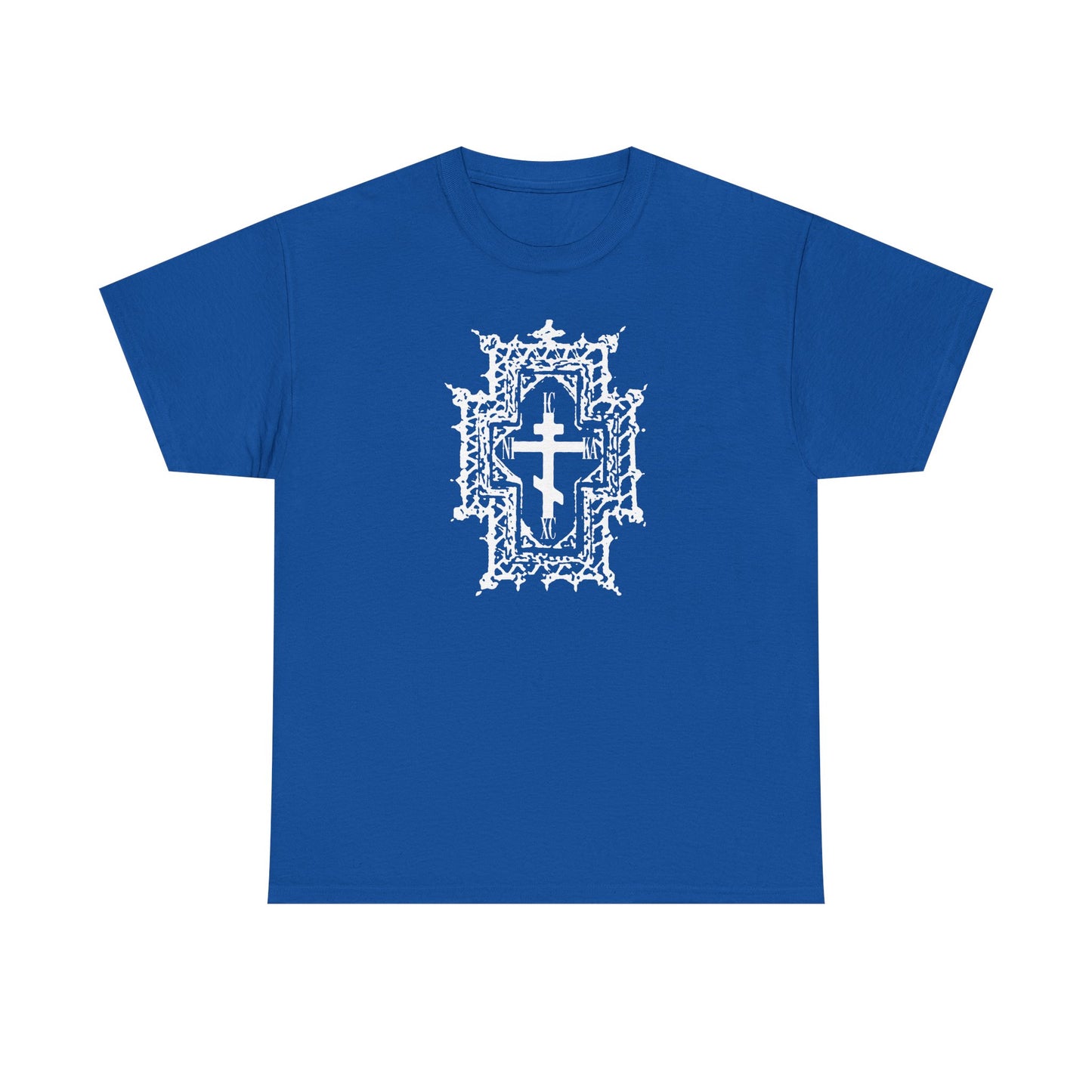 Royal ICXC NIKA heavy cotton t-shirt featuring a white Gothic Cathedral style Orthodox cross and nails graphic on the front, symbolizing Jesus Christ’s victory and healing by His wounds.