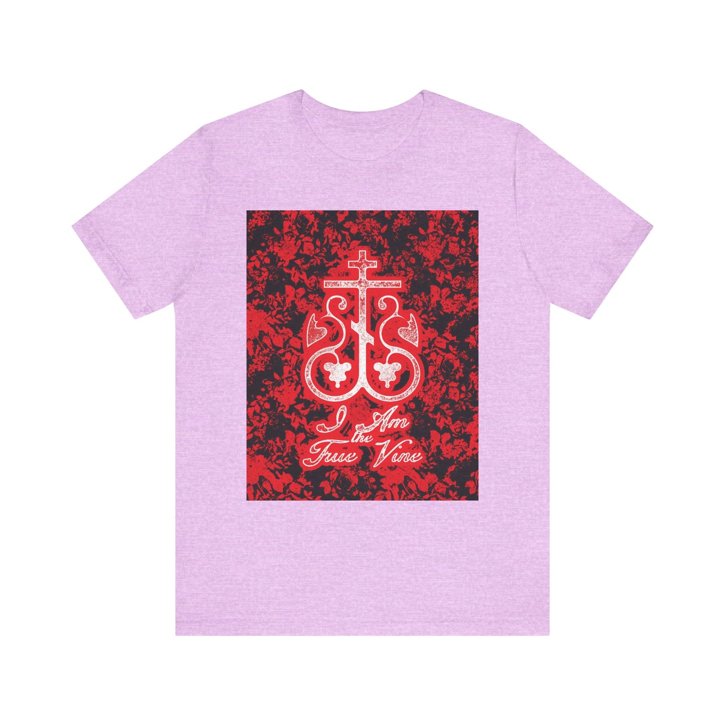 Heather Prism Lilac unisex tee featuring a red and black floral monogram, Orthodox cross, and "I Am the True Vine" text, inspired by John 15:1. Lightweight cotton with Orthodox design elements.