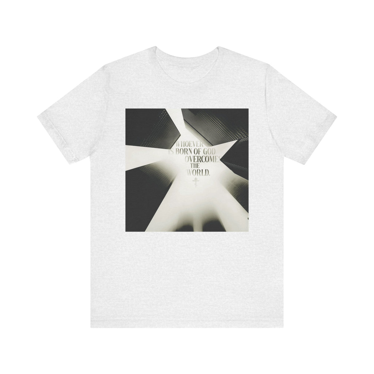 Ash-colored t-shirt titled "Whoever is Born of God Overcomes the World (St John the Theologian) | Modern Cityscape | Orthodox Christian Lightweight Cotton Unisex T-Shirt," featuring a striking black-and-white abstract cityscape and the words "Whoever is born of God overcomes the world" from 1 John 5:1-4. This meaningful design highlights that Jesus is the Christ, making it a powerful statement piece for your faith.