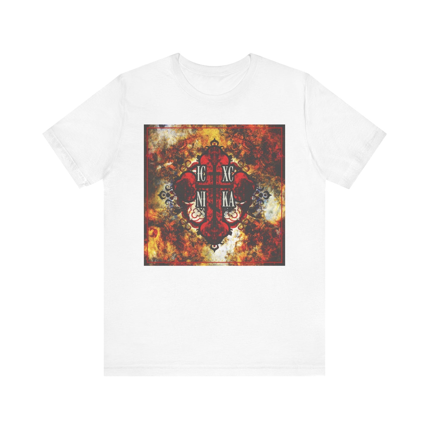 White ICXC NIKA Bold Colorful Textured Red Orthodox Cross Christian lightweight cotton unisex tee featuring a vibrant red ornate cross with Greek letters on a fiery, textured centerpiece—an eye-catching design inspired by the wisdom of St. Ambrose of Optina, serving as a daily reminder to keep Jesus in your heart.