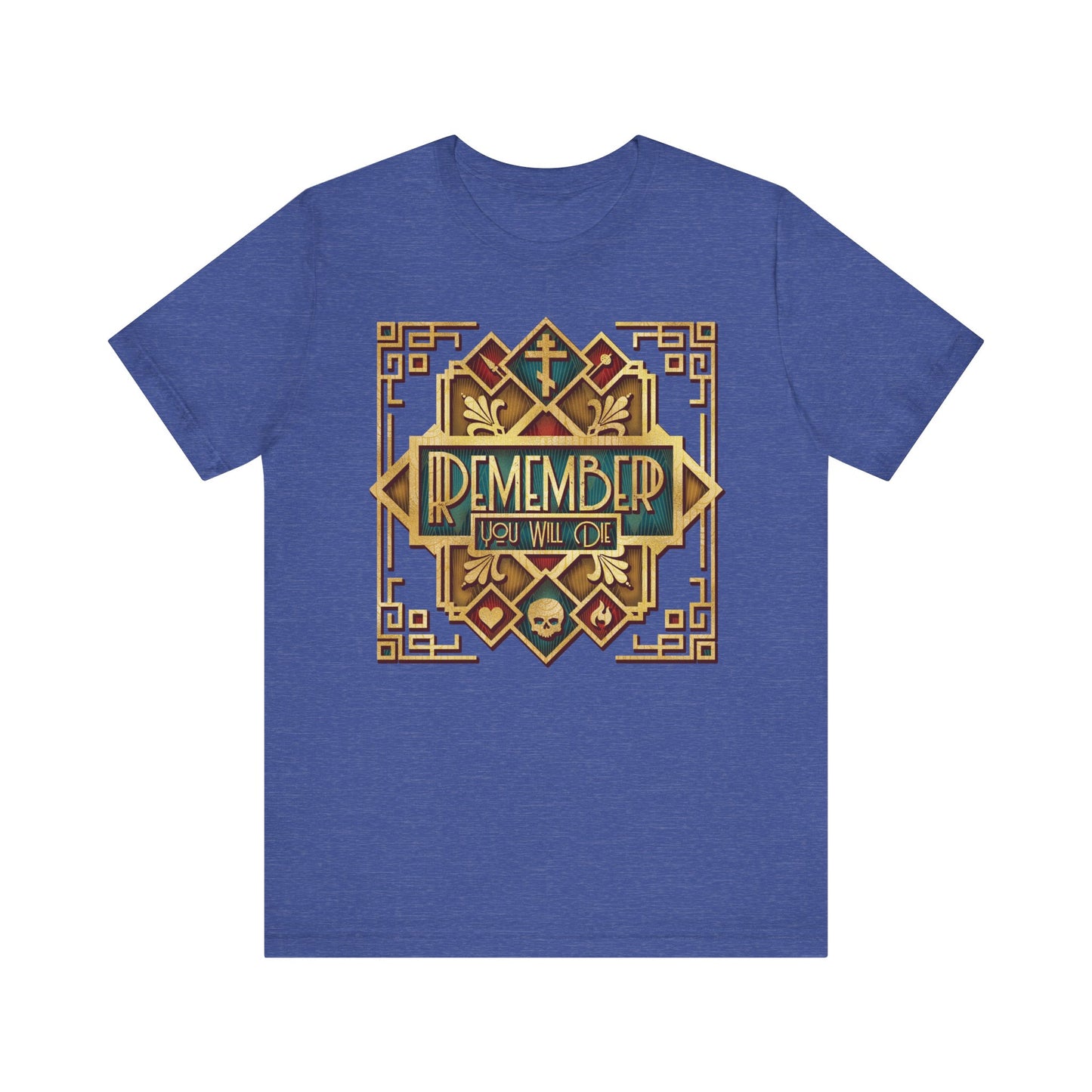 Heather True Royal "Remember You Will Die" Classic Metallic Art Deco Design Orthodox Christian Lightweight Cotton Unisex T-Shirt featuring an ornate gold cross, skull, and the thought-provoking message inspired by Elder Ephraim’s The Art of Salvation—reminding us to reflect on the path to eternal life.