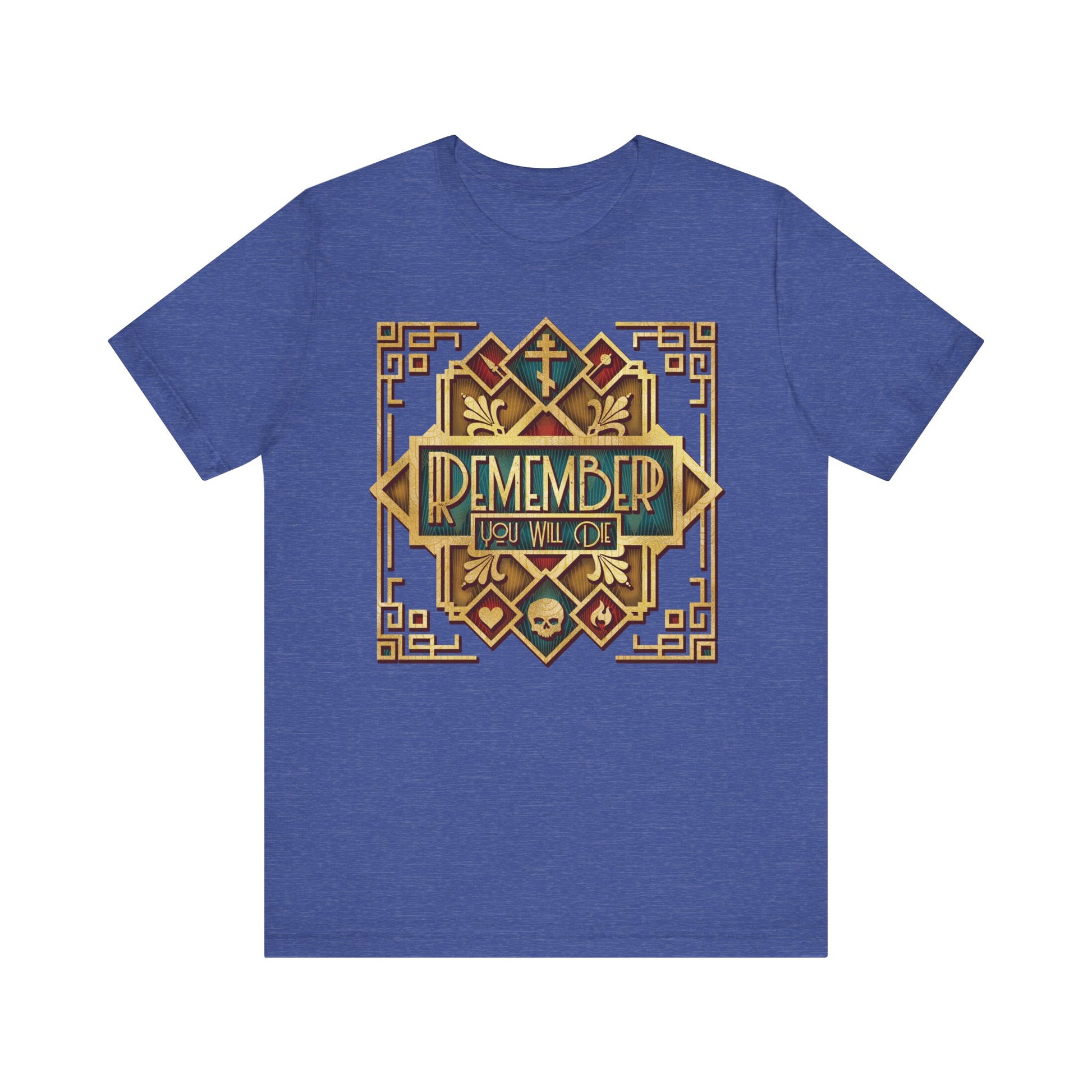 Heather True Royal "Remember You Will Die" Classic Metallic Art Deco Design Orthodox Christian Lightweight Cotton Unisex T-Shirt featuring an ornate gold cross, skull, and the thought-provoking message inspired by Elder Ephraim’s The Art of Salvation—reminding us to reflect on the path to eternal life.