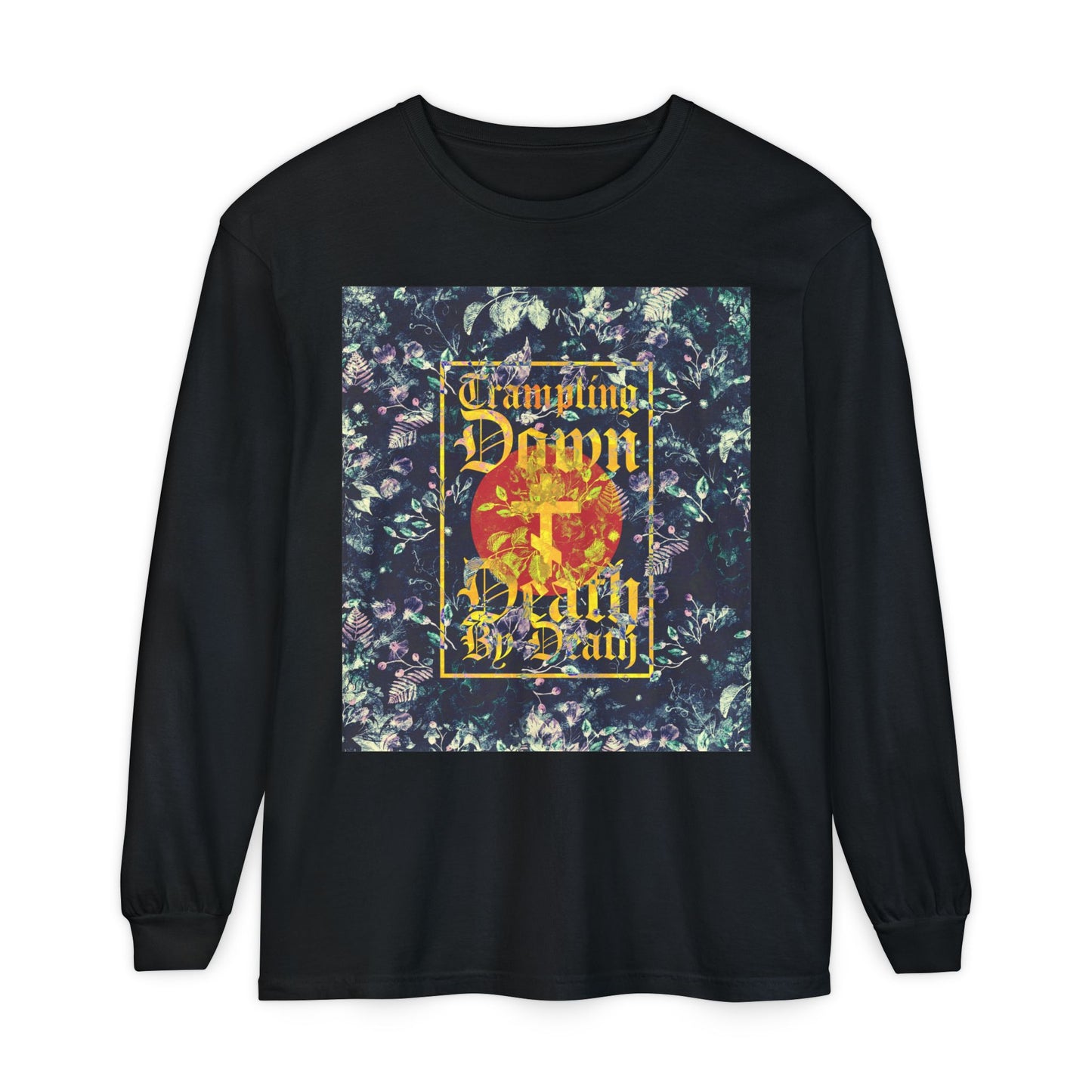 Trampling Down Death By Death | Paschal Floral Design with Gothic Script and Three-Bar Cross | Orthodox Christian Long Sleeve Shirt