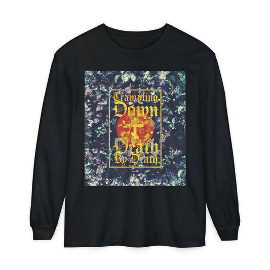 Trampling Down Death By Death | Paschal Floral Design with Gothic Script and Three-Bar Cross | Orthodox Christian Long Sleeve Shirt