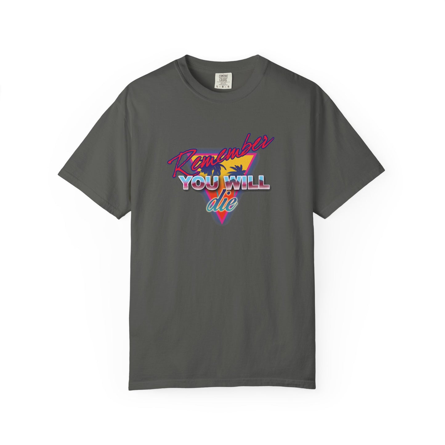 Pepper-colored unisex heavyweight cotton tee with 80s retro synthwave palm tree design and neon “Remember You Will Die” text, inspired by St. John Climacus’s Ladder of Divine Ascent and the Orthodox memento mori tradition.