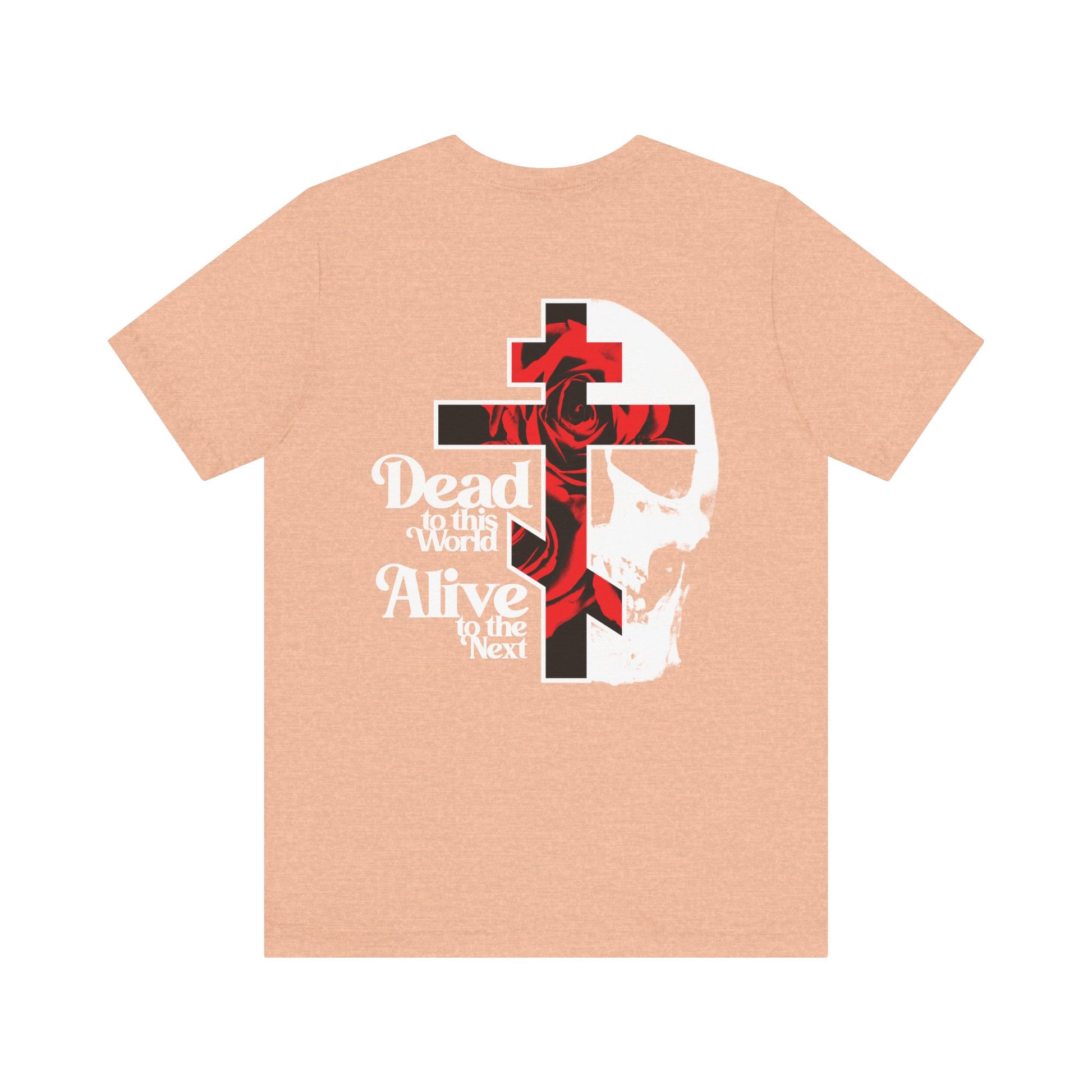 The "Dead to this World" Christian Goth lightweight cotton tee features a back print of a flower cross and skull, with branded front—expressing spiritual renunciation in bold, unisex style.
