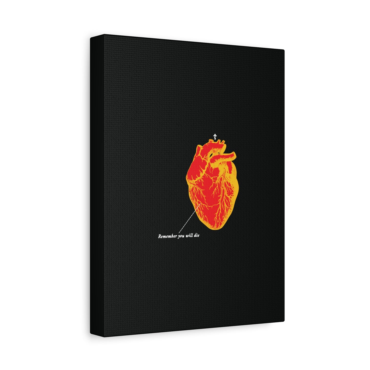 The "Remember You Will Die Retro Medical Textbook Heart Design" canvas art features an inverted red and orange anatomical heart with crosses, memento mori text, and Orthodox Christian themes on a black background.