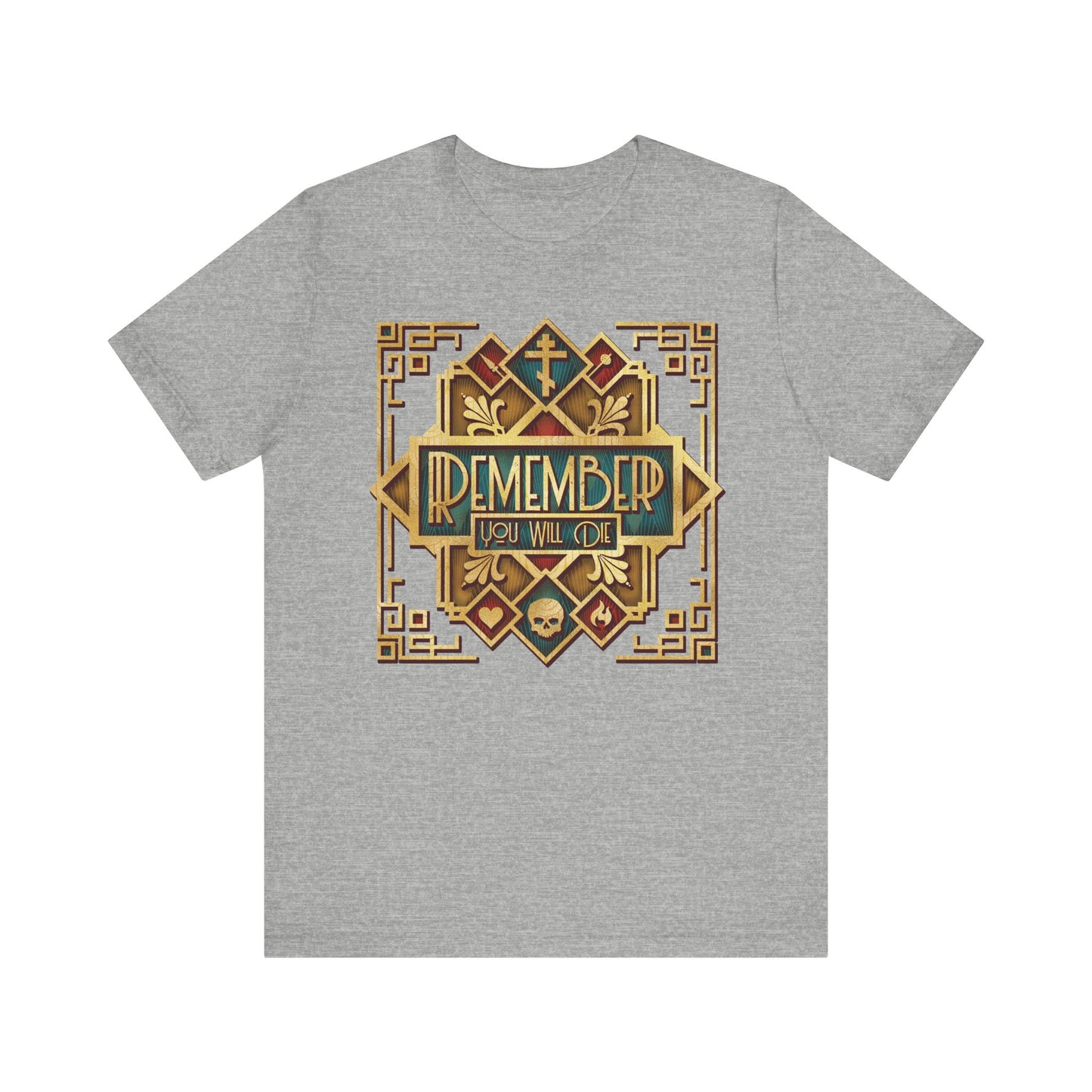 Athletic Heather t-shirt featuring a classic metallic Art Deco design with the text “Remember You Will Die” in the center—a distinctive Orthodox Christian lightweight cotton unisex tee inspired by Elder Ephraim’s reflections in The Art of Salvation, encouraging us to contemplate mortality and our journey toward eternal life.