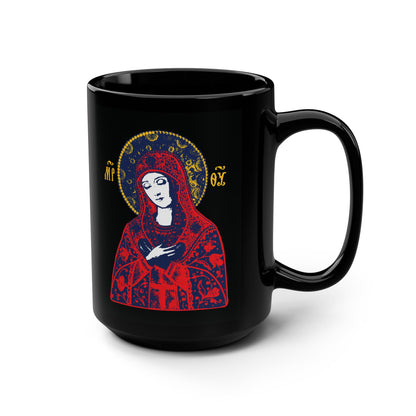 Joy of All Joys Tenderness Theotokos Iconographic Based on Traditional Orthodox Iconography | Red Design | Orthodox Christian Black Mug